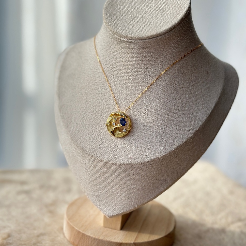 Genuine natural sapphire wave pendant 18k over sterling silver